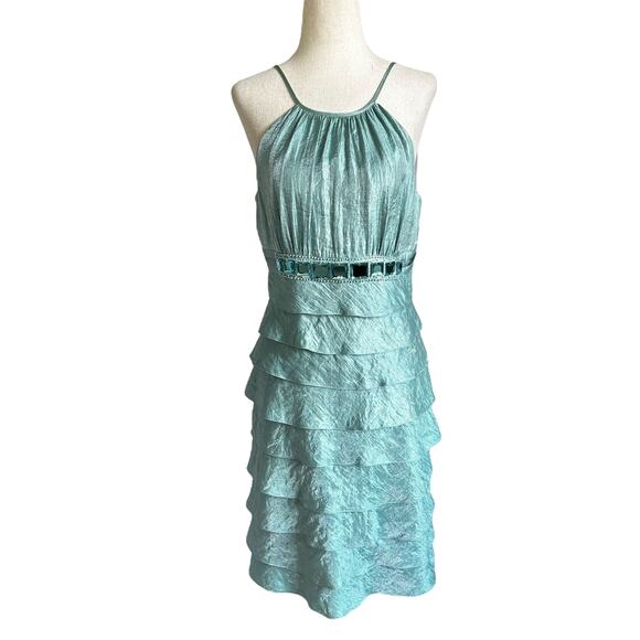 Adrianna Papell Blue Lined Tiered Halter Cocktail Dress Women's Size 8 | 24-1 - Picture 1 of 7